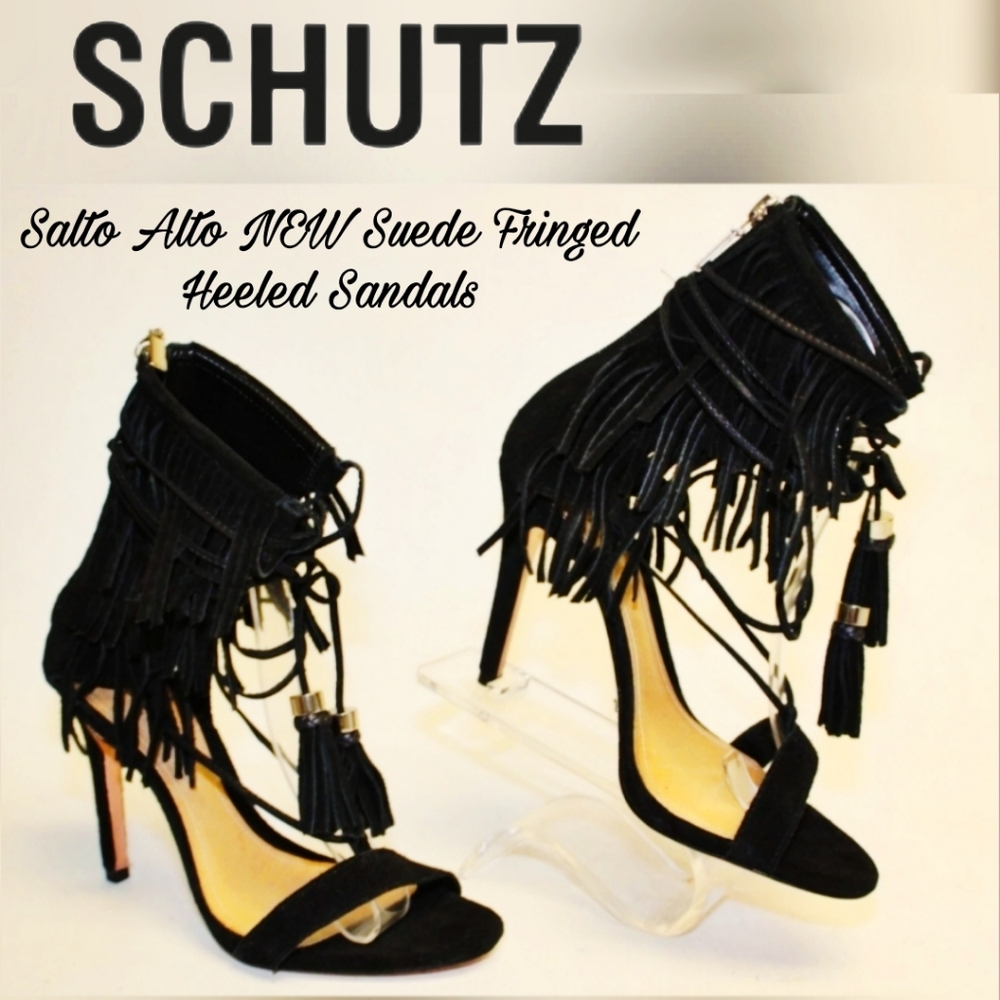 NEW SCHUTZ Salto Alto Suede Fringed Heeled Sandals Back Zip Shoes 7.5